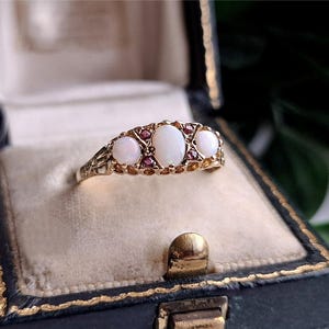 RARE 1987 Vintage 9ct Gold Opal and Ruby Ring. RESIZING AVAILABLE (ref009)