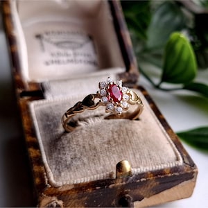 INCREDIBLE Vintage 9ct Gold Ruby White Topaz Cluster Ring. Love Heart Shoulders! RESIZING AVAiLABLE Gold Ruby and White Topaz Ring (Ref00p)