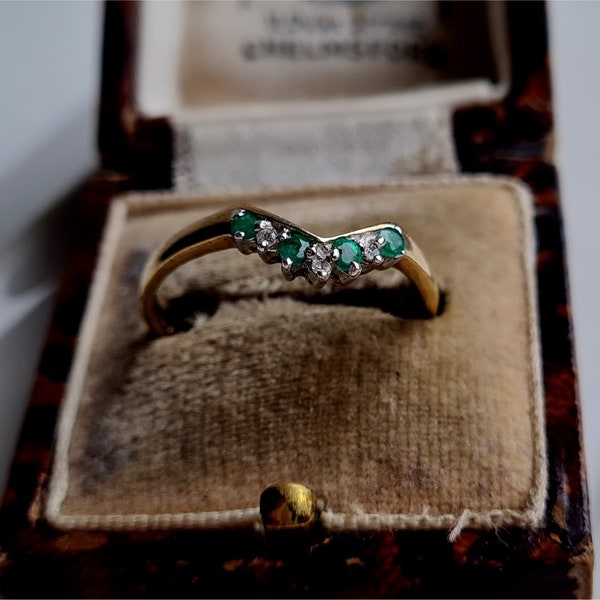 STUNNING Vintage 9ct Gold Emerald Diamond Wishbone Ring, Gold Emerald Ring (ref0J)