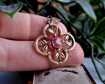 VERY RARE Vintage 9ct Gold Pink Topaz Pendant. Hallmarked 1909. Over 100 Years Old. STATEMENT PiECE! (ref0x)