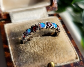 STUNNING Vintage Sterling Silver Opal And Garnet Eternity Ring. Silver Opal Ring. Silver Opal Ruby Ring. RESIZING AVAILABLE
