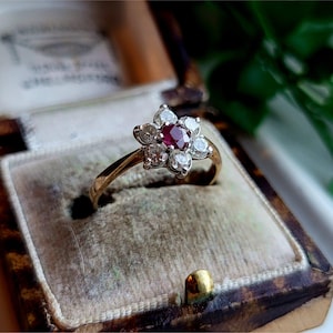 May include: A gold ring with a red ruby and white diamonds set in a flower shape. The ring is in a brown velvet ring box.