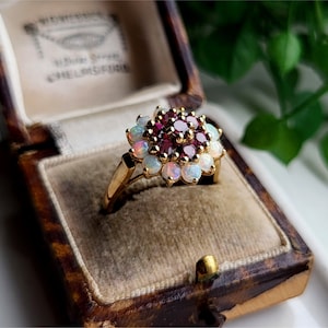 IMPRESSIVE Vintage 9ct Gold Opal and Ruby Cluster Ring, RESIZING AVAILABLE! 9ct Gold Ruby and White Opal Cluster Ring (ref00L)