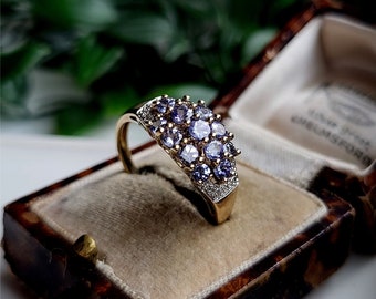 AMAZING Vintage 9ct Gold Amethyst Diamond Cluster Ring. STATEMENT Ring. 10 DiAMONDS! 9ct Gold Diamond Ring. 9ct Gold Amethyst Ring .(Ref00K