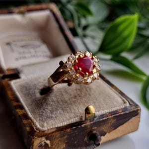 INCREDIBLE Vintage 9ct Gold Ruby White Topaz Cluster Ring. RESIZING AVAiLABLE Gold Ruby and White Topaz Ring 9ct Gold Ruby Ring (Ref00j)