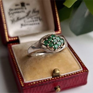 Könnte beinhalten: Ein silberner Ring mit einem Cluster aus kleinen, runden, smaragdgrünen Edelsteinen, die in einem ovalen Filigranmuster gefasst sind. Der Ring wird in einer roten Schmuckschatulle mit goldenem Verschluss und cremefarbenem Innenraum präsentiert.