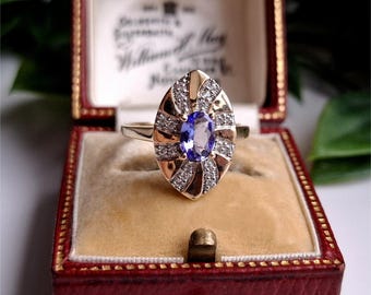 RARO anello vintage in oro 10k con tanzanite e diamanti. 24 diamanti! DISPONIBILE LA MISURA! [Ref00m]