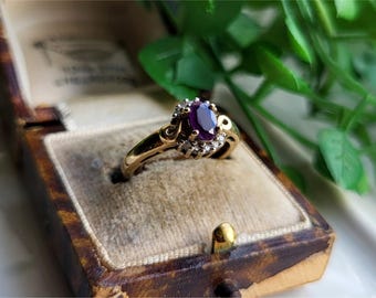 AMAZING Vintage 9ct Gold Amethyst Diamond Ring. 10 DiAMONDS! STATEMENT Ring. 9ct Gold Diamond Ring. 9ct Gold Amethyst Ring . (Ref00g)