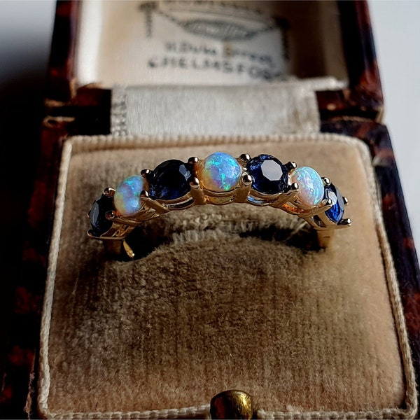 RARE Vintage 9ct Gold Opal and Sapphire Eternity Ring, Gold Sapphire and Opal Eternity Ring