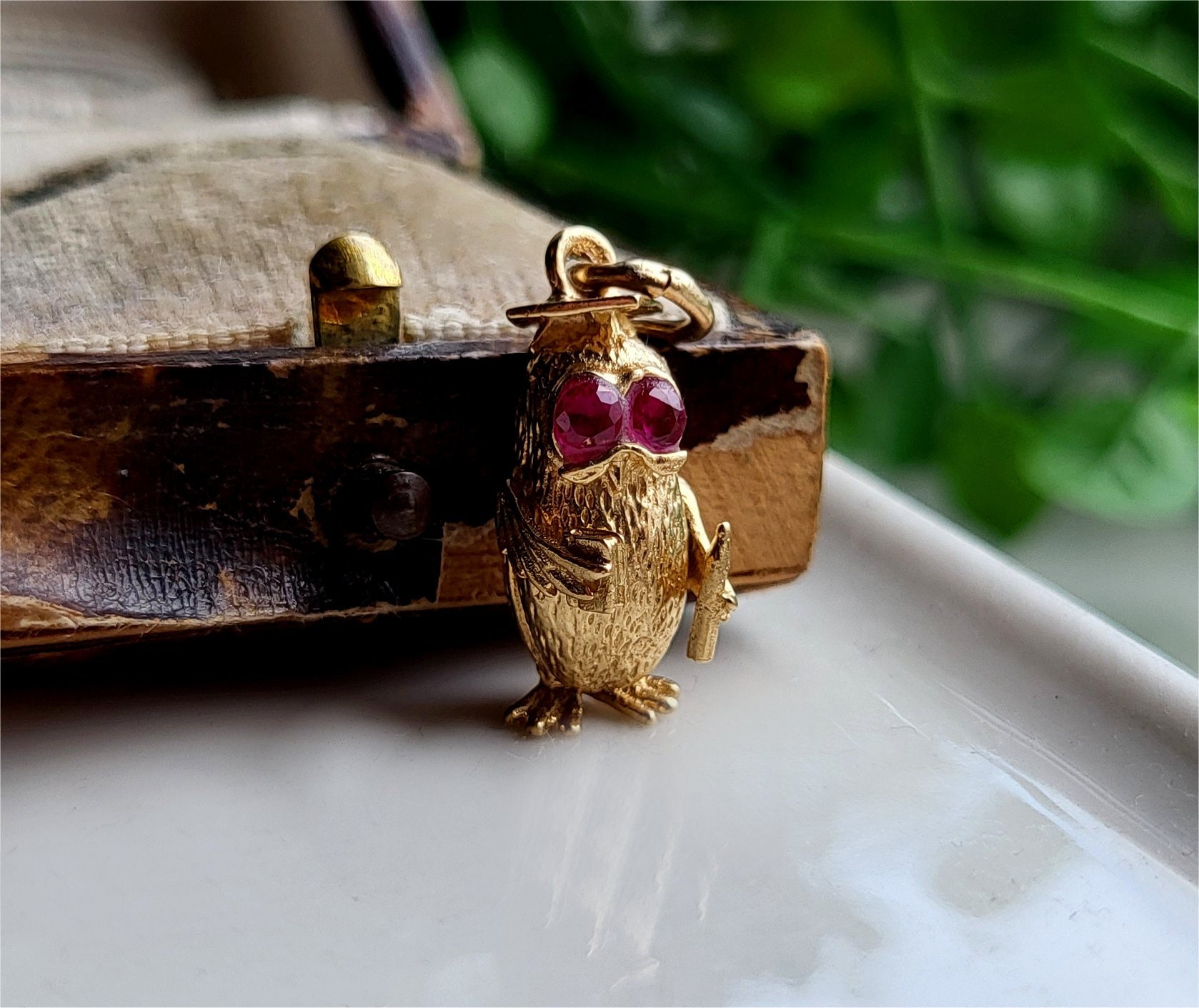 RARE GEMSET Vintage 9ct Gold Owl Charm. Moving Arms! GEMSET With Rubys! (ref00L)