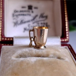 以下が含まれることがあります： 赤と金の宝石箱に入った、小さな金色のカップ。カップには取っ手があり、詳細なデザインが施されています。クリーム色のベルベットの内側に置かれています。箱は開いており、カップが見えています。
