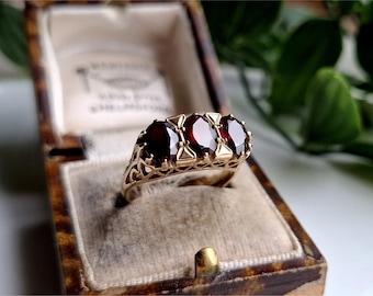 Love Heart Design Vintage 9ct Gold Garnet Trilogy Ring. RESIZING AVAILABLE Gold Garnet Trilogy Ring. (ref00d