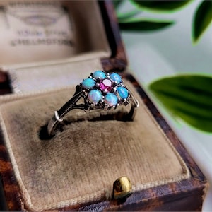STUNNING Vintage Sterling Silver Opal And Ruby Cluster Ring. Silver Opal Ring. Silver Ruby Ring. Silver Opal Ruby Ring. RESIZING AVAILABLE!