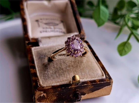 美しいヴィンテージ9カラットゴールドアメジストクラスターリング