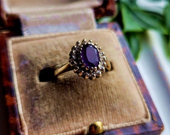 AMAZING Vintage 9ct Gold Amethyst Diamond Cluster Ring. 18 Diamonds STATEMENT Ring. 9ct Gold Diamond Ring. 9ct Gold Amethyst Ring . (Ref00B)