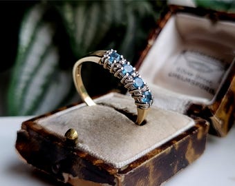 IMPRESSIVE Vintage 9ct Gold Blue Topaz Diamond Eternity Ring. STATEMENT RING! 10 DiAMONDS! (Ref00g)