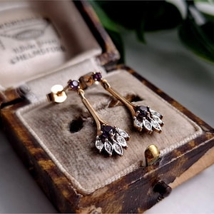 VERY RARE Vintage 9ct Gold Diamond Amethyst Earrings. 10 DiAMONDS TOTAL (ref00o)