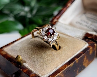 STUNNING Vintage 9ct Gold Garnet and White Topaz Cluster Ring, RESIZING AVAILABLE! Gold Garnet Cluster Ring (RefH)