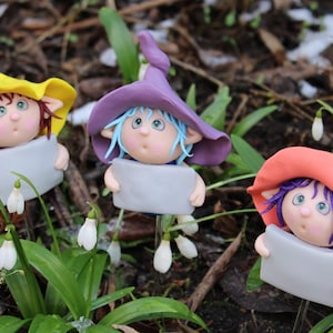 Könnte beinhalten: Drei kleine Gnomfiguren mit bunten Hüten und leeren Schildern. Die Gnome stehen in einer Gartenlandschaft mit grünen Pflanzen und weißen Blumen.