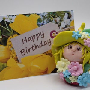 Geburtstag, Grußkarte, Glückwunsch, Geschenk Glücksbringer, Elfe mit Blumenstrauß