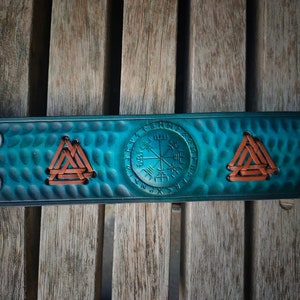 Viking Compass Valknut Leather Cuff, Hand Tooled, Carving, Engraving, Blue Burst, Laced Closure, Wide Bracelet