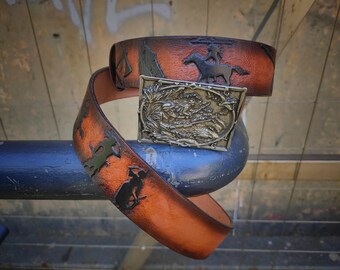 Hand Carved Native American Leather Belt | Sunset Silhouette West / RedMan / Western Style / Sunburst Color