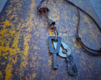 Antique Rusty Key Leather Necklace / Anchor / Hook / Scavenged Metal / Wasteland / Dystopian / Vintage Style