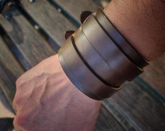 Brown Double Strap Cuff, Leather Buckle Bracelet, Wide Vintage Wristband