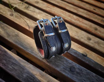 Black Double Strap Leather Cuff Bracelet – Wide Rivet Buckle Biker Wristband
