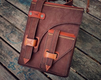 Handmade Nubuck Leather Crossbody Bag – Rustic Unisex Satchel, Saddle Stitched Artisan Shoulder Bag