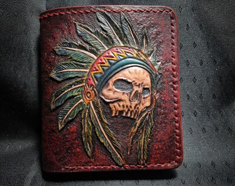 Native American Indian Skull Carved On Leather Wallet / Red Man / Men's Bifold / Dream Catcher/ Card Holder