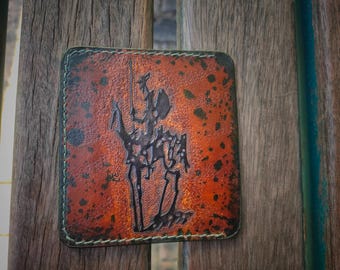 Hand Carved Knight Card Holder – Tooled Leather Slim Wallet, Rustic Patina Finish