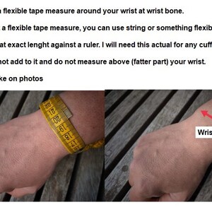 May include: Image shows how to measure a wrist for a bracelet or cuff. A yellow tape measure is wrapped around a wrist. The text reads: "Just wrap a flexible tape measure around your wrist at wrist bone."