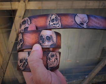 Hand Carved Skull Leather Belt | Rock Biker Style/ Hand Tooled And Unique Desing