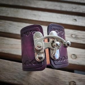 Purple Leather Cuff With Single Hook Closure - Wide Steampunk Style - Armlet - Wristband - Bracelet