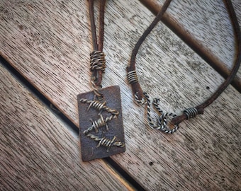 Angled Black Leather Rusty Barbed Wire Necklace For Wastelander / Tribal / Post Apocalyptic / Dystopian