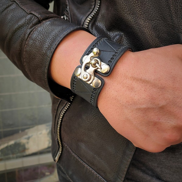 Leather Black Wrist Cuff Single Hook Closure - Steampunk Style - Armlet - Wristband - Bracelet