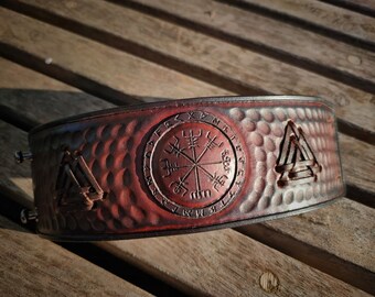 Bourbon Tan Leather Viking Vegvisir Cuff – Hand Tooled Valknut Bracelet Snap Closure