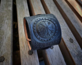 Black Leather Viking Vegvisir Cuff – Hand Tooled Valknut Bracelet, Snap Closure