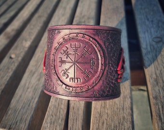 Viking Vegvisir Valknut Leather Cuff, Hand Tooled, Carving, Engraving, Antic Purple, Wide Bracelet