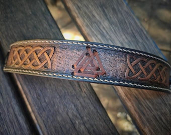 Viking Knot Leather Cuff Bracelet – Laced Valknut Center, Lined Veg Tan Wristband