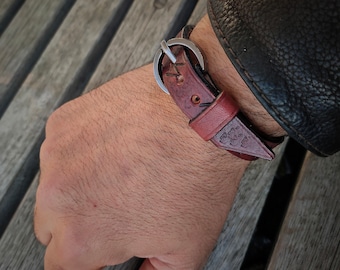 Hand Tooled Viking Rune Leather Bracelet | Gun Metal Single Buckle Closure Cuff | Burgundy