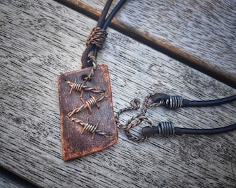 Angled Leather Rusty Barbed Wire Necklace For Wastelander / Tribal / Post Apocalyptic / Dystopian