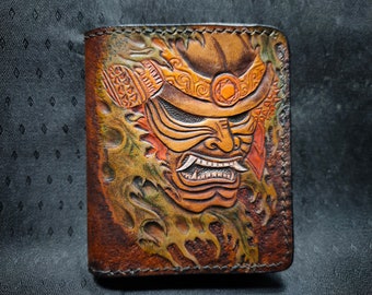 Samurai Leather Bifold Wallet / Japanese  Flag / Hannya / Oni Devil / Card Holder