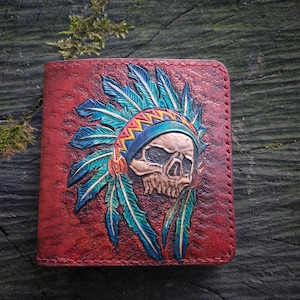 Native American Indian Skull Carved On Leather Wallet / Red Man / Men's Bifold / Dream Catcher/ Card Holder