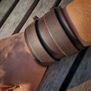 Brown Leather Cuff Bracelet / Double straps cuff / Armlet / Wristband / Double Buckle Bangle