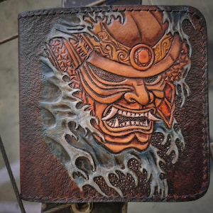 Portafoglio bifold in pelle Samurai / Bandiera giapponese / Hannya / Oni Devil / Porta carte