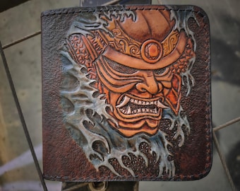 Hand Carved Samurai Mask Leather BiFold Wallet | Rising Sun | Japan Art