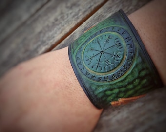 Green Leather Viking Vegvisir Cuff – Hand Tooled Valknut Bracelet Snap Closure