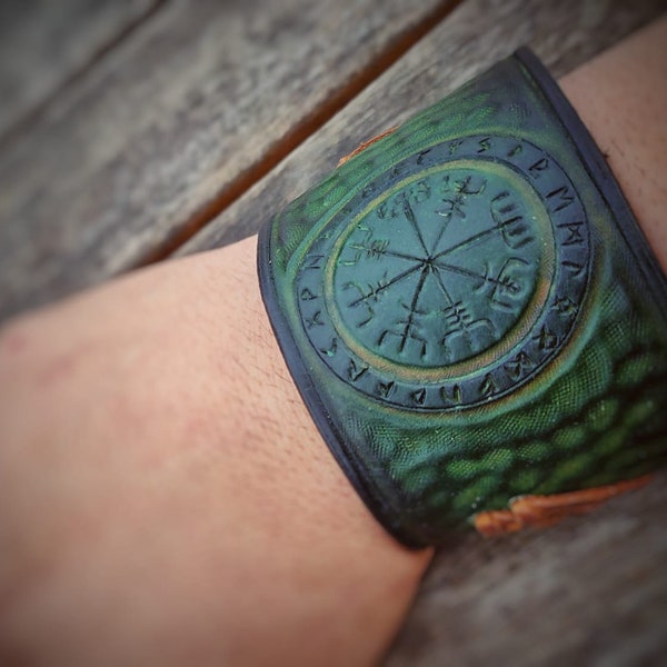 Viking Compass Valknut Green Leather Cuff, Vegvisir, Hand Tooled, Carving, Wide Bracelet